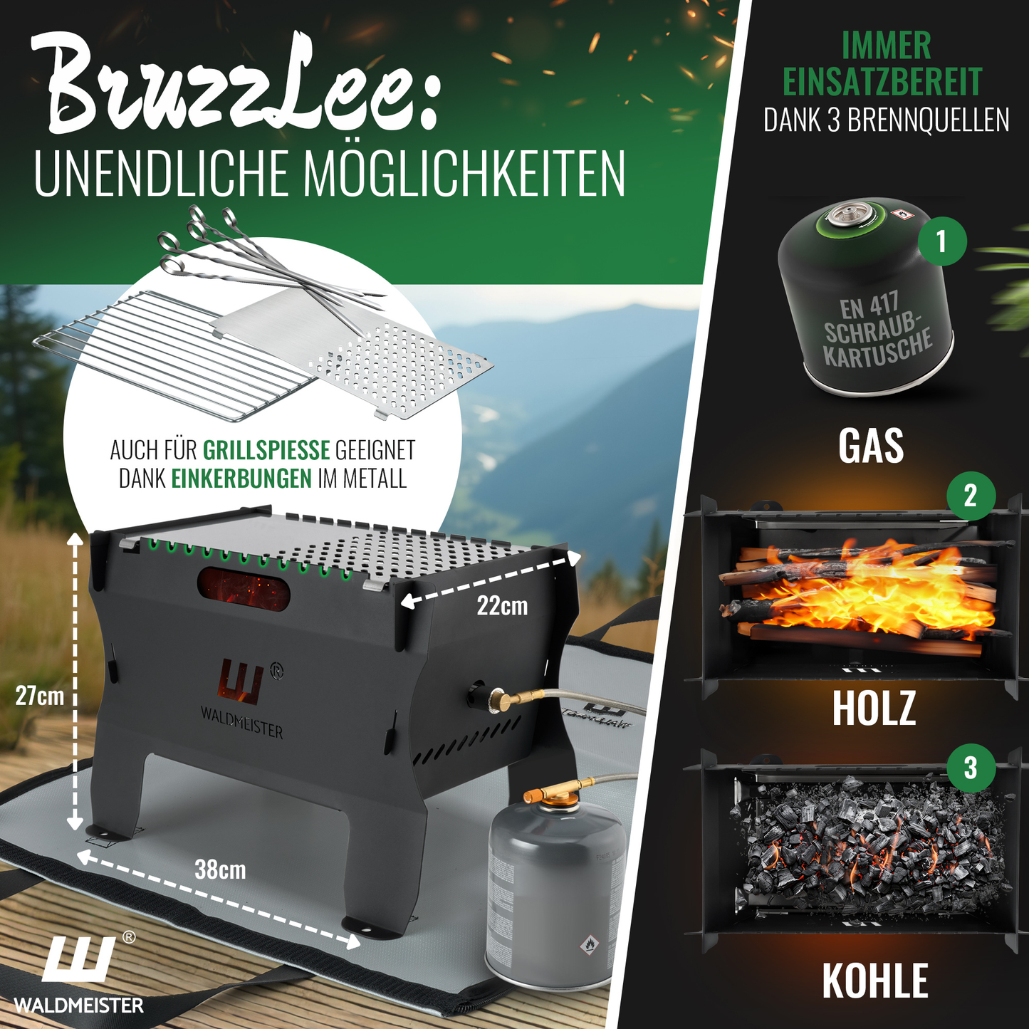 Waldmeister® BruzzLee - Mobiler & steckbarer Gasgrill - perfekt für Unterwegs mit feuerfester Tragetasche