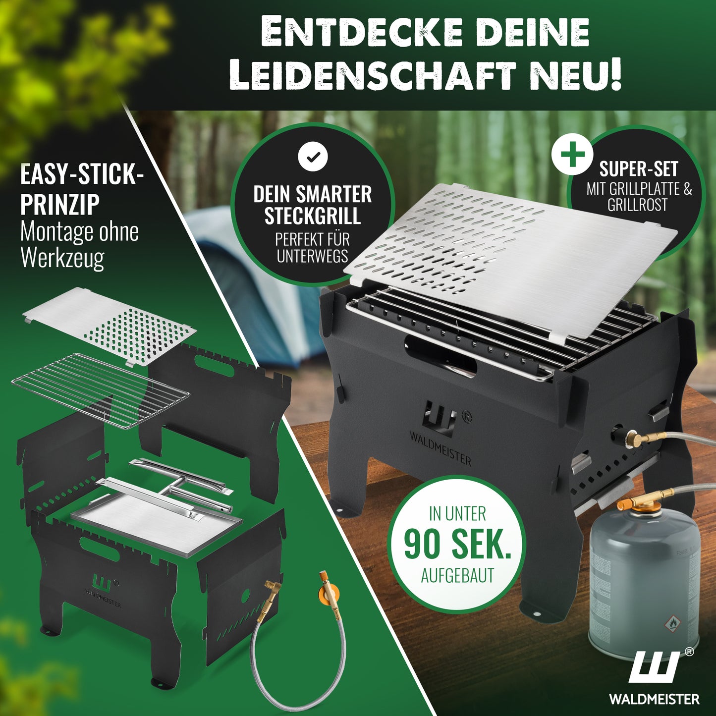 Waldmeister® BruzzLee - Mobiler & steckbarer Gasgrill - perfekt für Unterwegs mit feuerfester Tragetasche