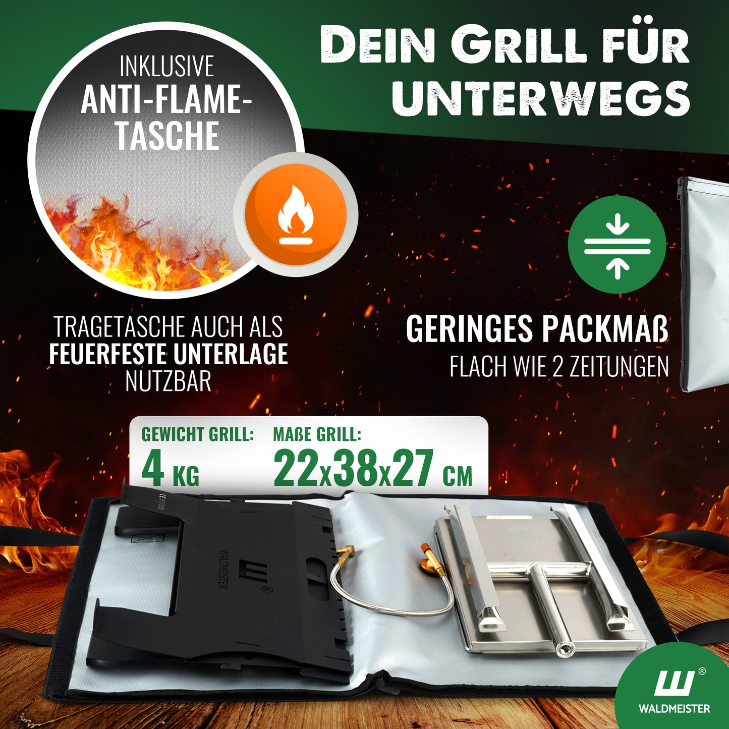 Waldmeister® BruzzLee - Mobiler & steckbarer Gasgrill - perfekt für Unterwegs mit feuerfester Tragetasche