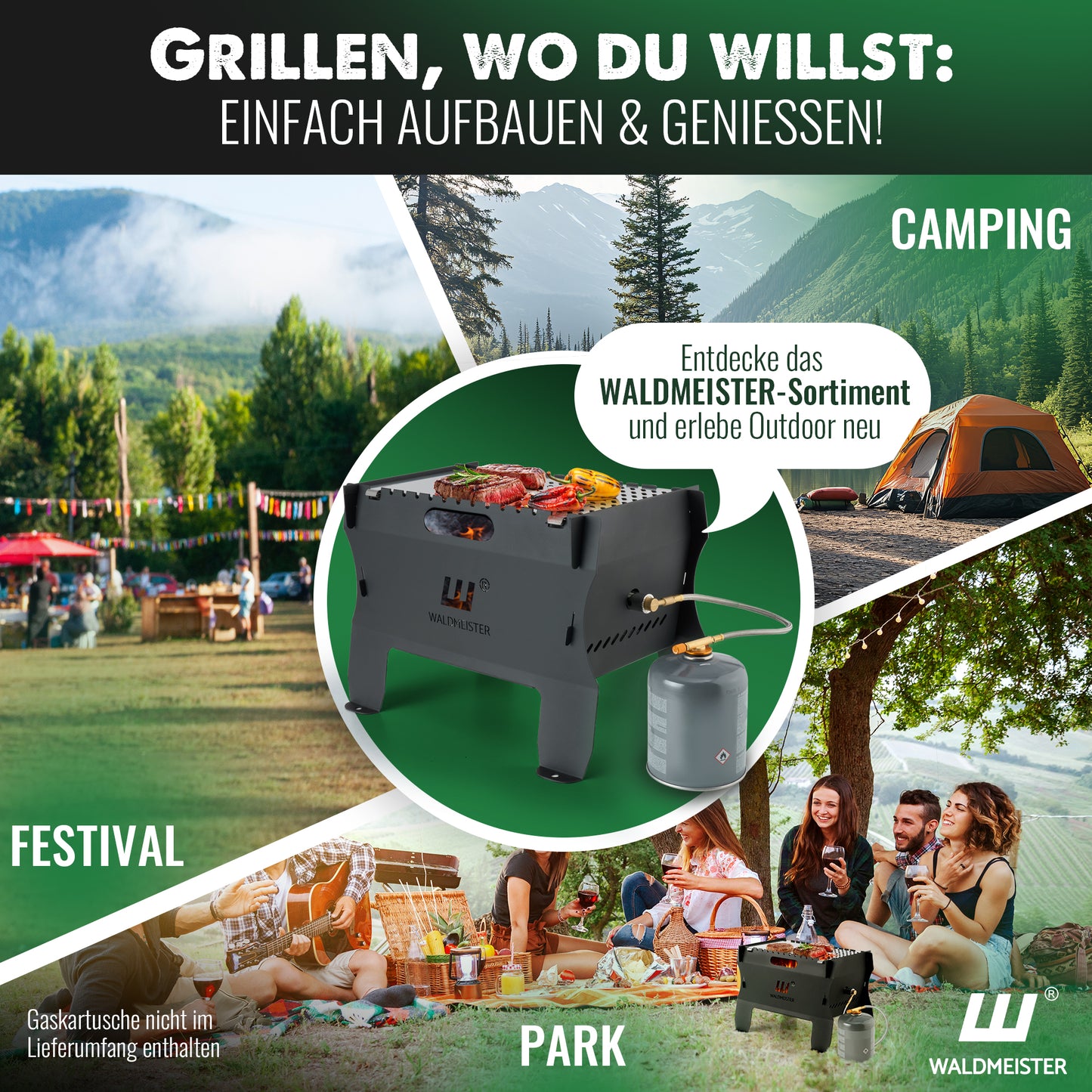 Waldmeister® BruzzLee - Mobiler & steckbarer Gasgrill - perfekt für Unterwegs mit feuerfester Tragetasche