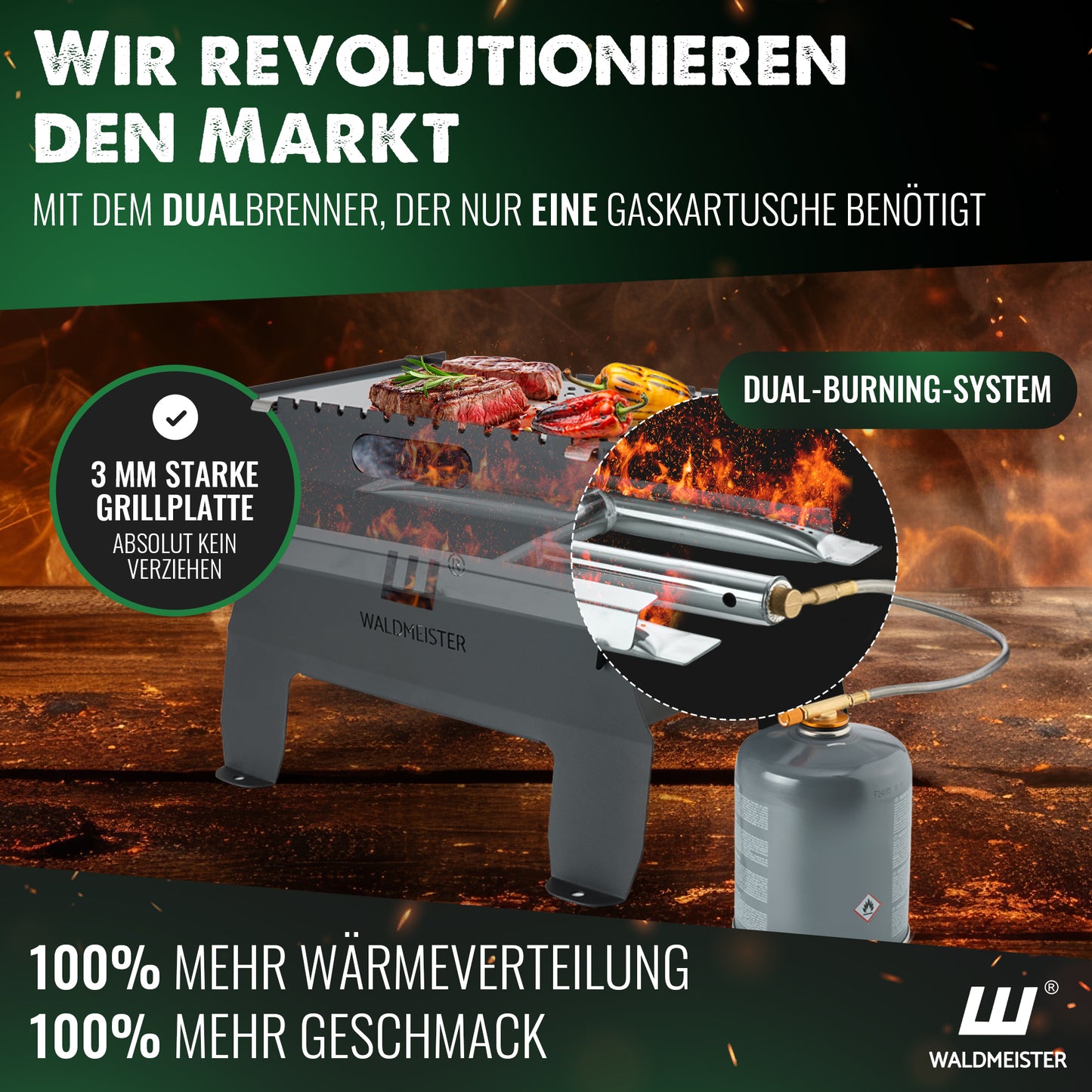 Waldmeister® BruzzLee - Mobiler & steckbarer Gasgrill - perfekt für Unterwegs mit feuerfester Tragetasche